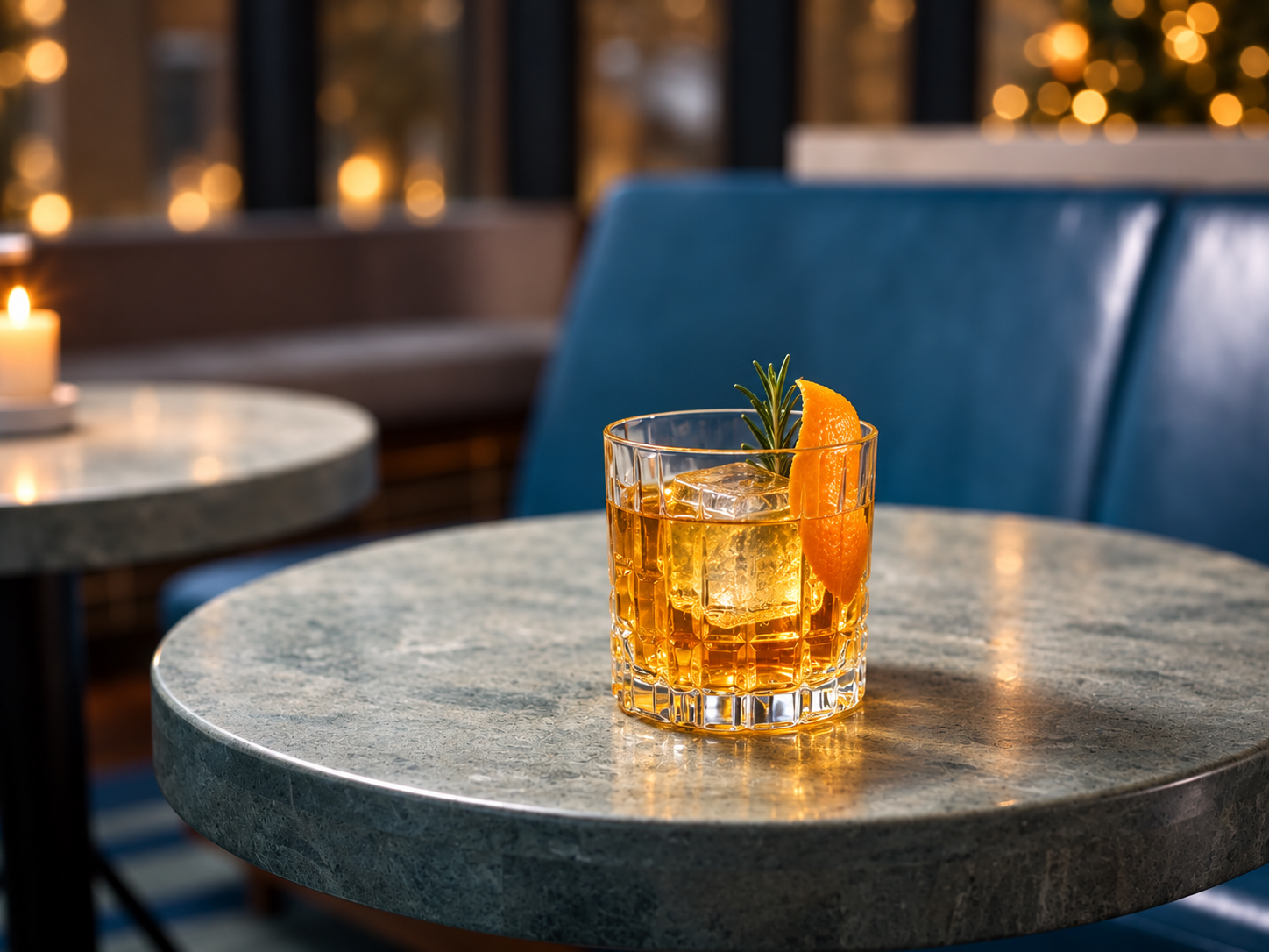 Illustrative amber holiday cocktail in a cut-glass tumbler