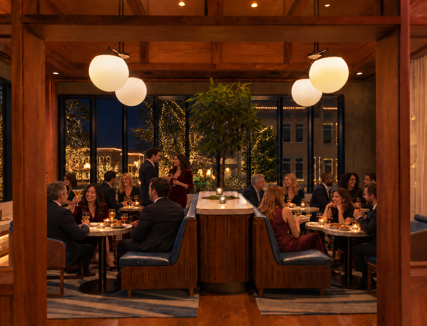AI-edited concept visualization of guests in The Sunroom, with a dark evening exterior and glowing Christmas lights beyond the windows