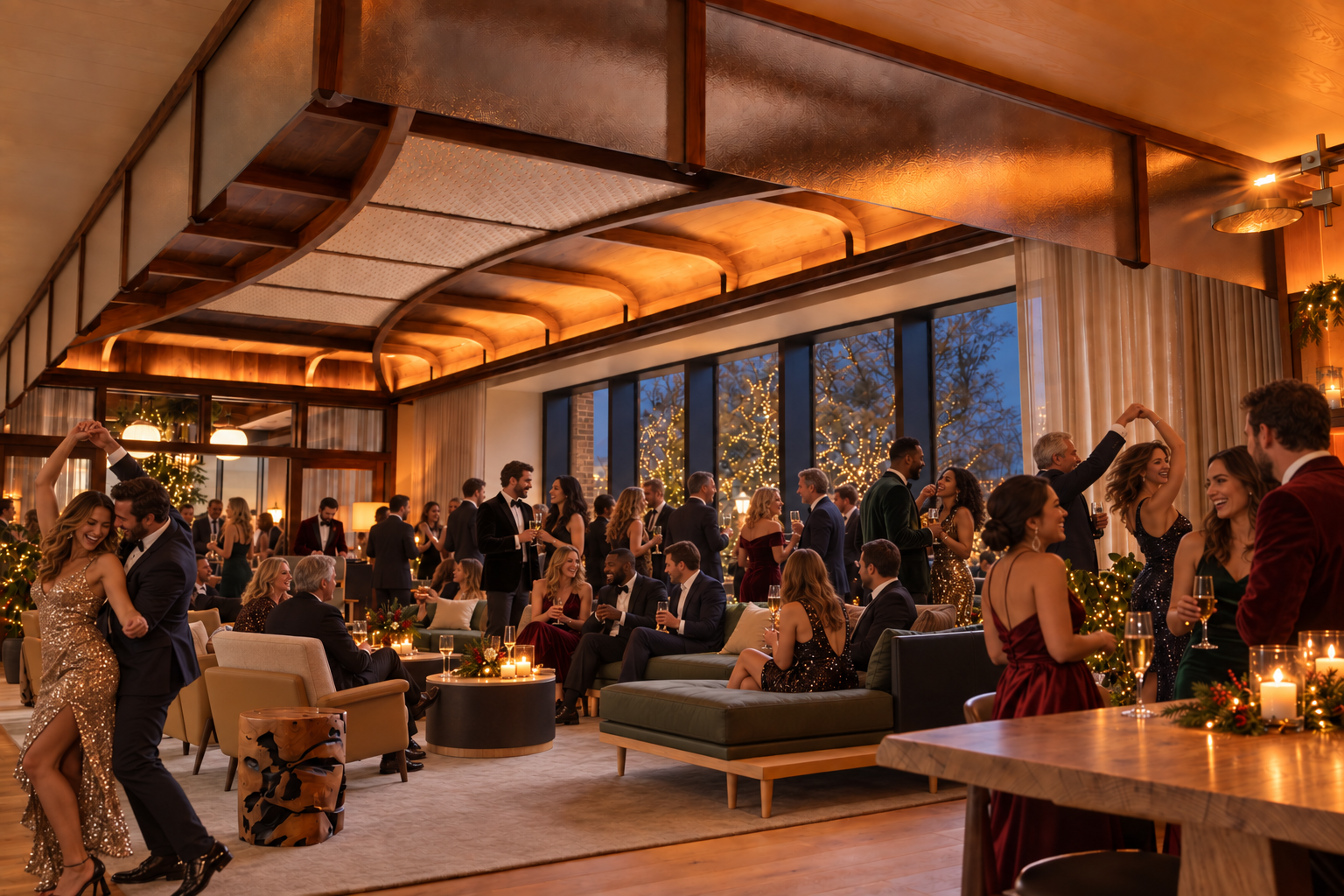AI-edited Library lounge concept with guests talking and dancing, the green sofa, curved wood ceiling, and a small distant DJ