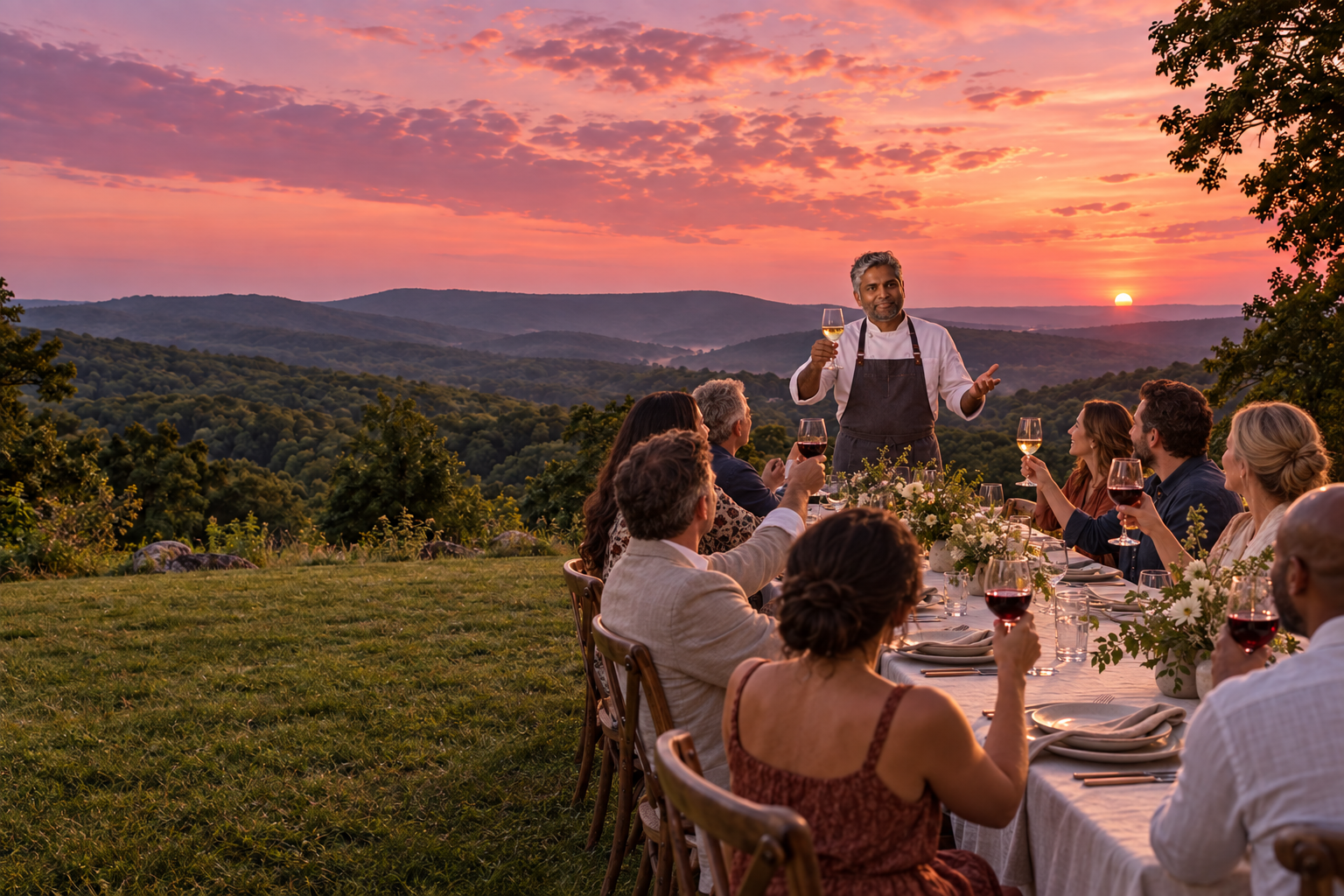 AI-generated event concept: seated guests raise wine glasses as Chef Biju Thomas gives a toast overlooking the Ozarks at pink sunset
