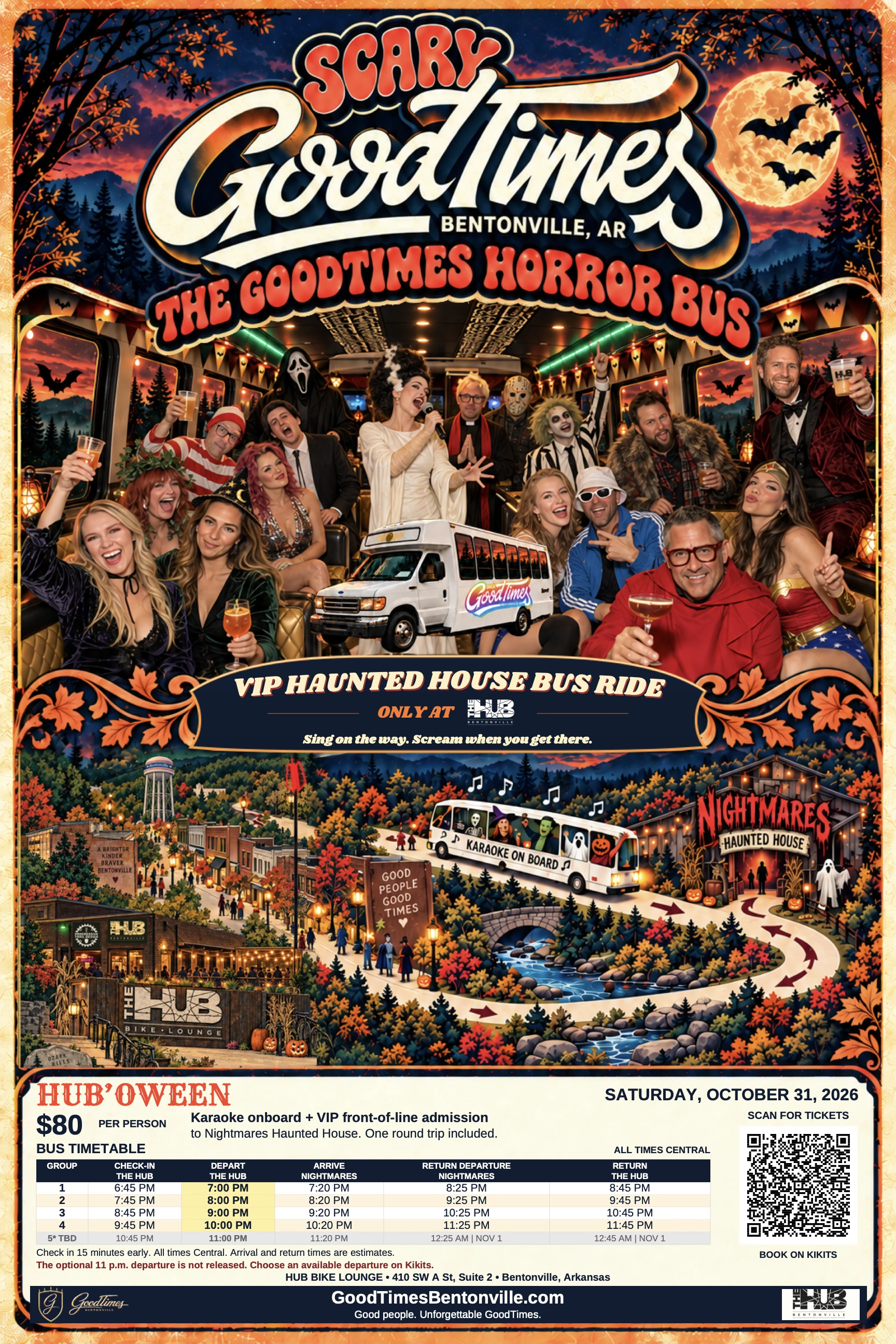 Scary GoodTimes master bus poster with the experience map, $80 package and complete departure timetable. Accessible timetable follows below.